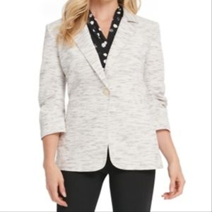 DKNY Women’s Ruched Blazer in White with Black Line Details